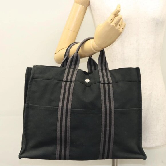HERMES Fourre Tout MM Hand Bag Canvas Black Auth - Picture 1 of 16